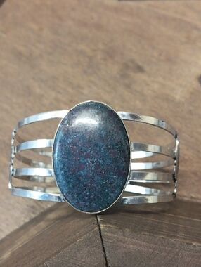 Sterling Silver Multi-Band Cuff Bracelet with Dark Blue-Green Stone